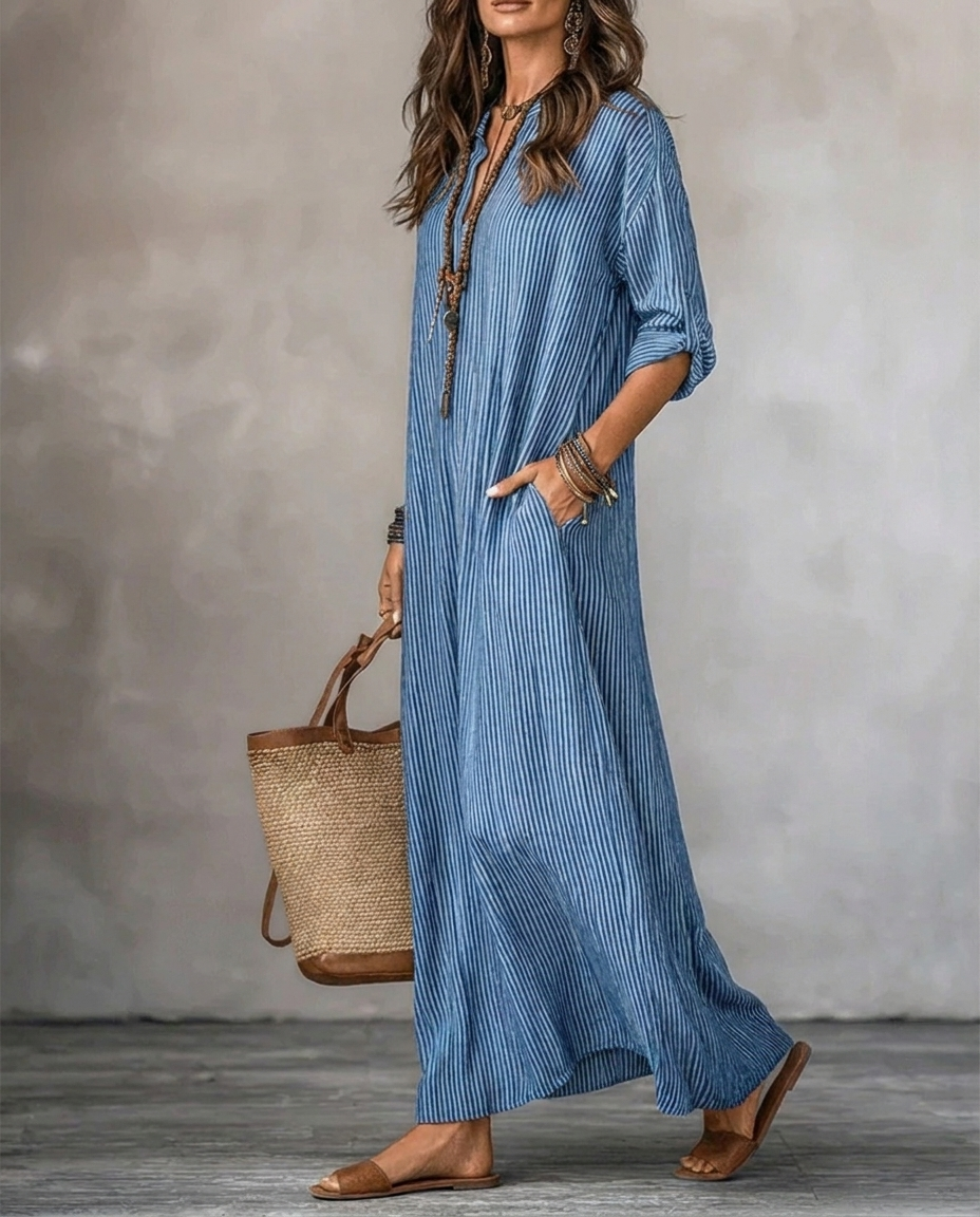 Petronila · Vestido Maxi de Rayas Manga Larga con Bolsillos