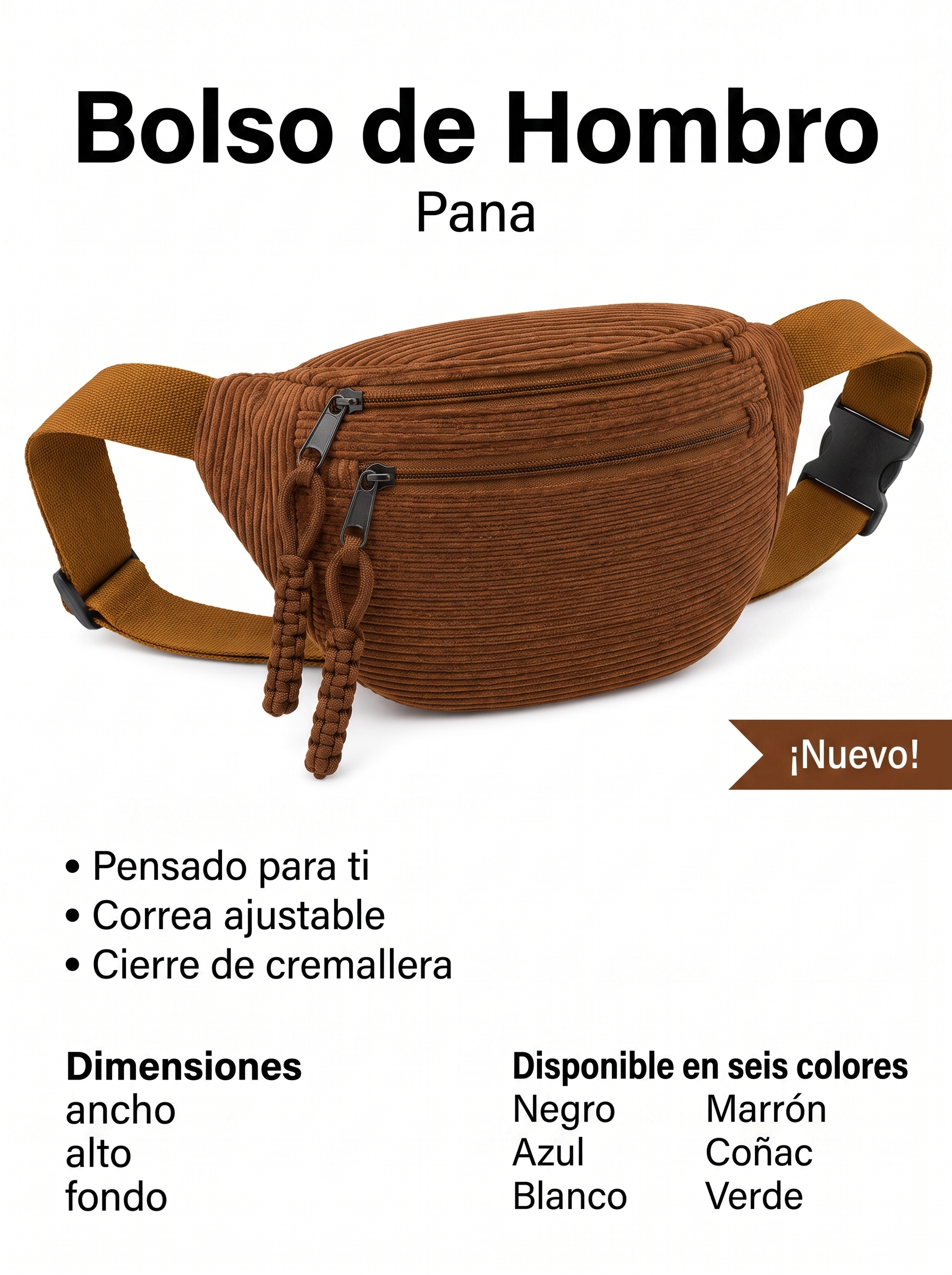 Coral · Bolso de Hombro de Pana — dimensiones
