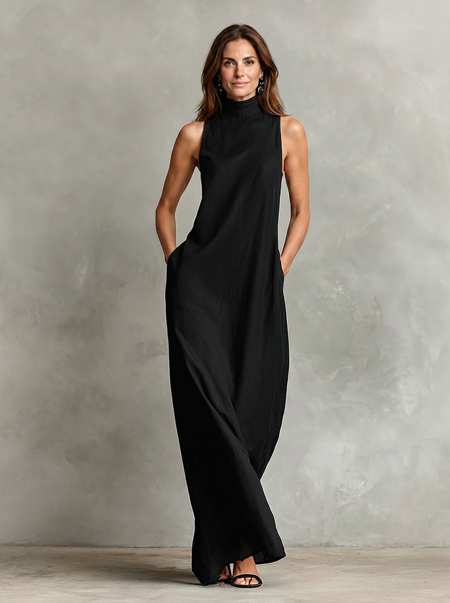 Caterina · Vestido largo minimalista de cuello alto en negro