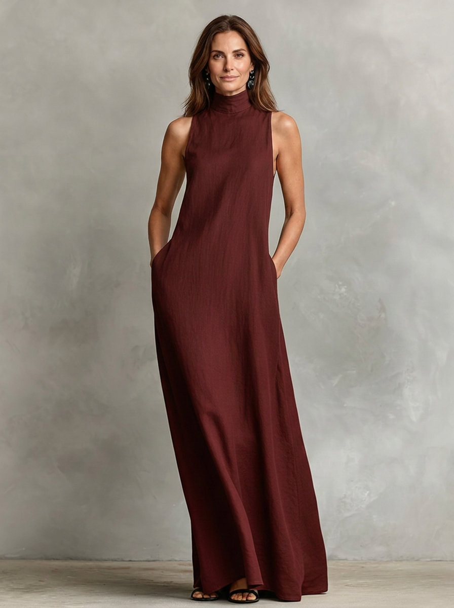 Caterina · Vestido largo minimalista de cuello alto en burdeos