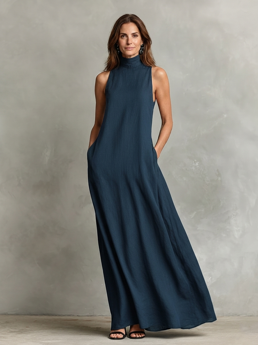 Caterina · Vestido largo minimalista de cuello alto en azul marino