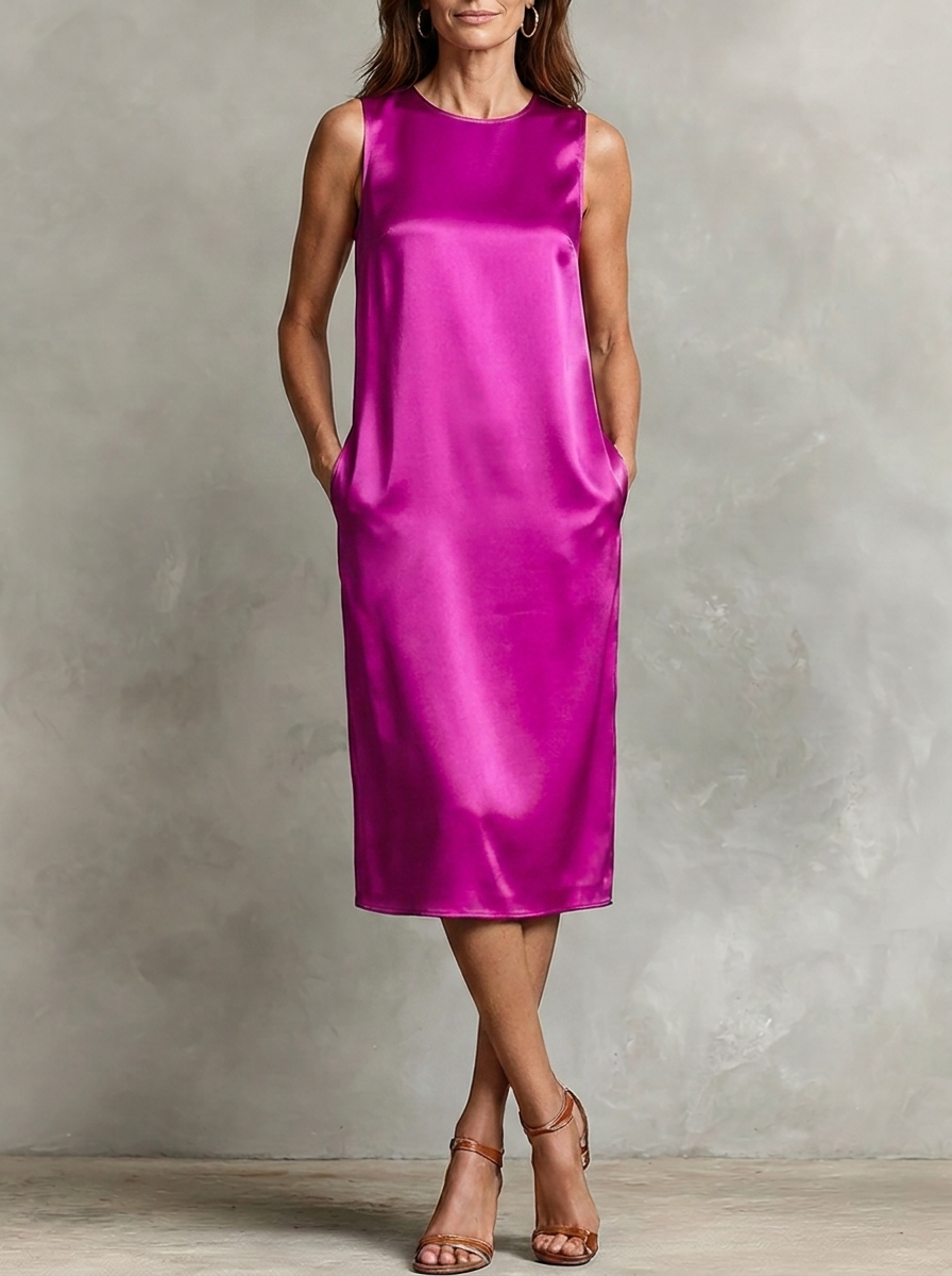 Sofía · Vestido midi satinado en fucsia