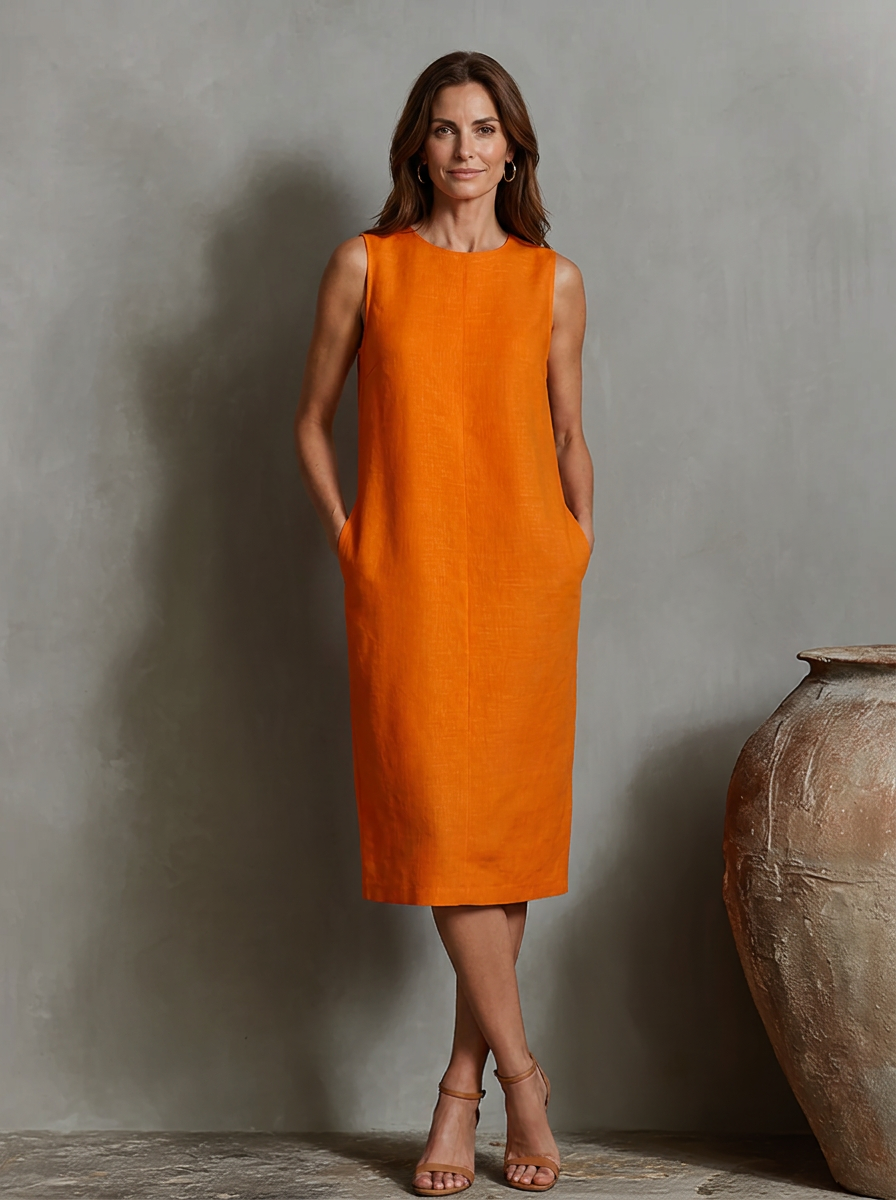 Sofía · Vestido midi efecto lino en naranja — plano completo