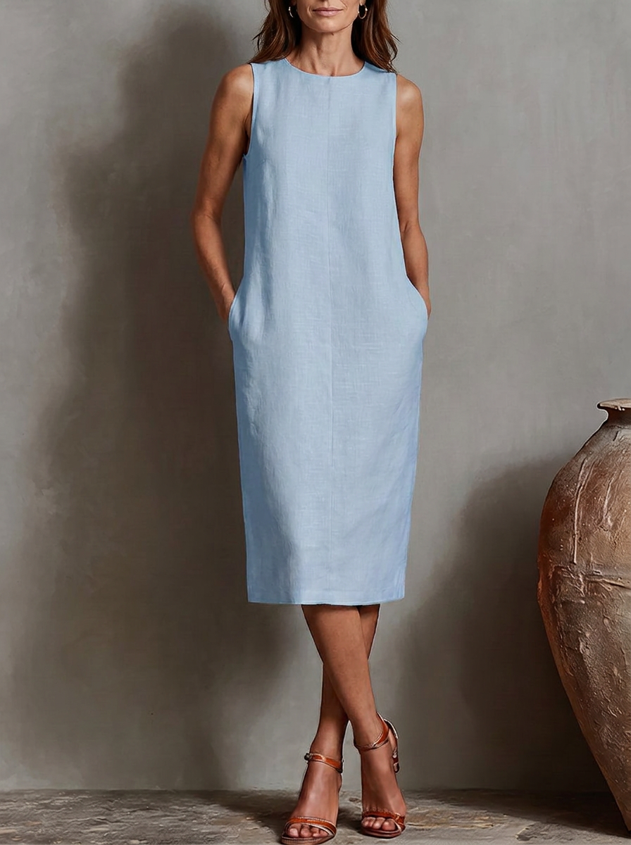 Sofía · Vestido midi efecto lino en celeste