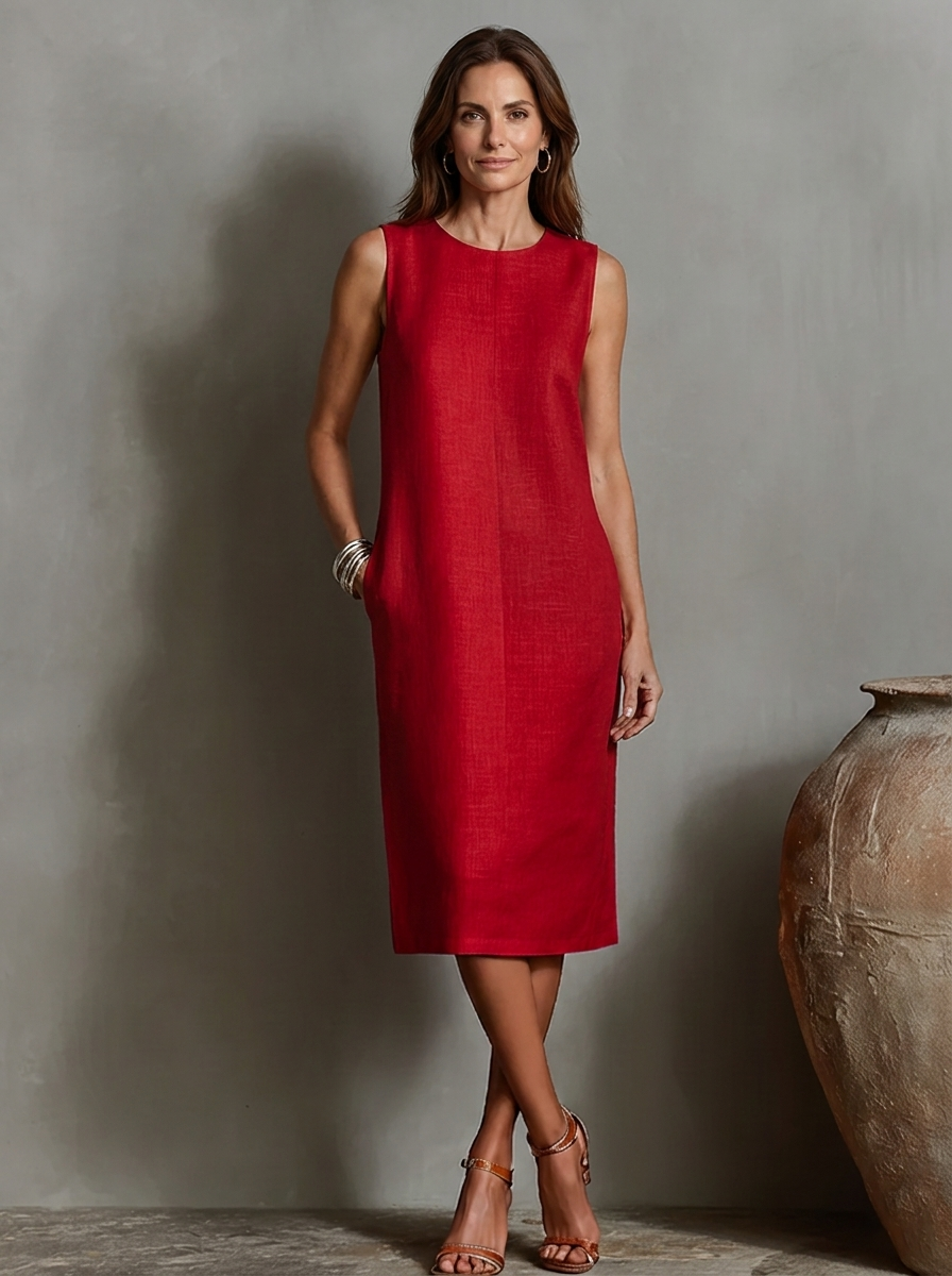 Sofía · Vestido midi efecto lino en rojo