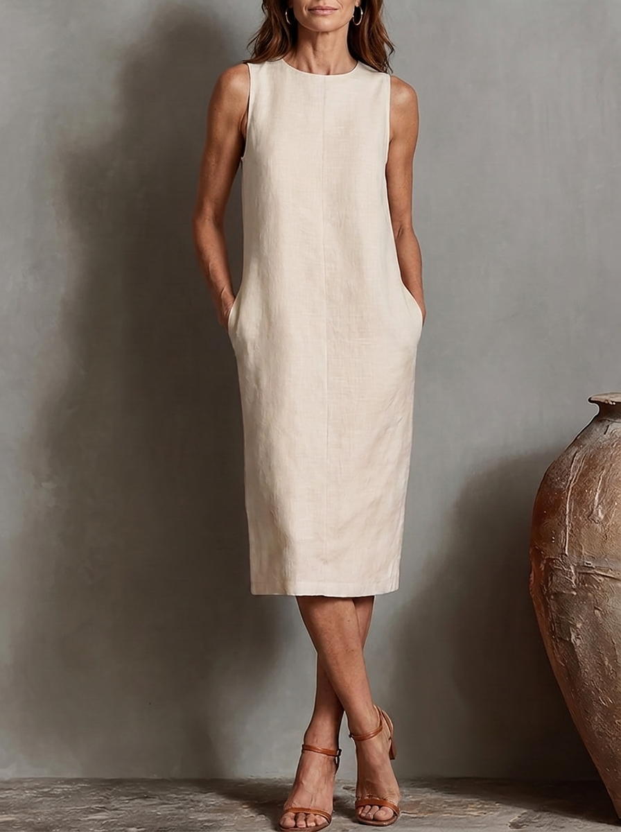 Sofía · Vestido midi efecto lino en blanco