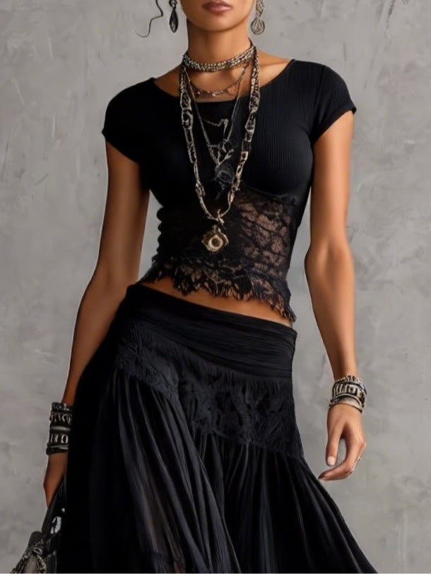 Patricia · Conjunto Top de Encaje y Falda Maxi Plisada
