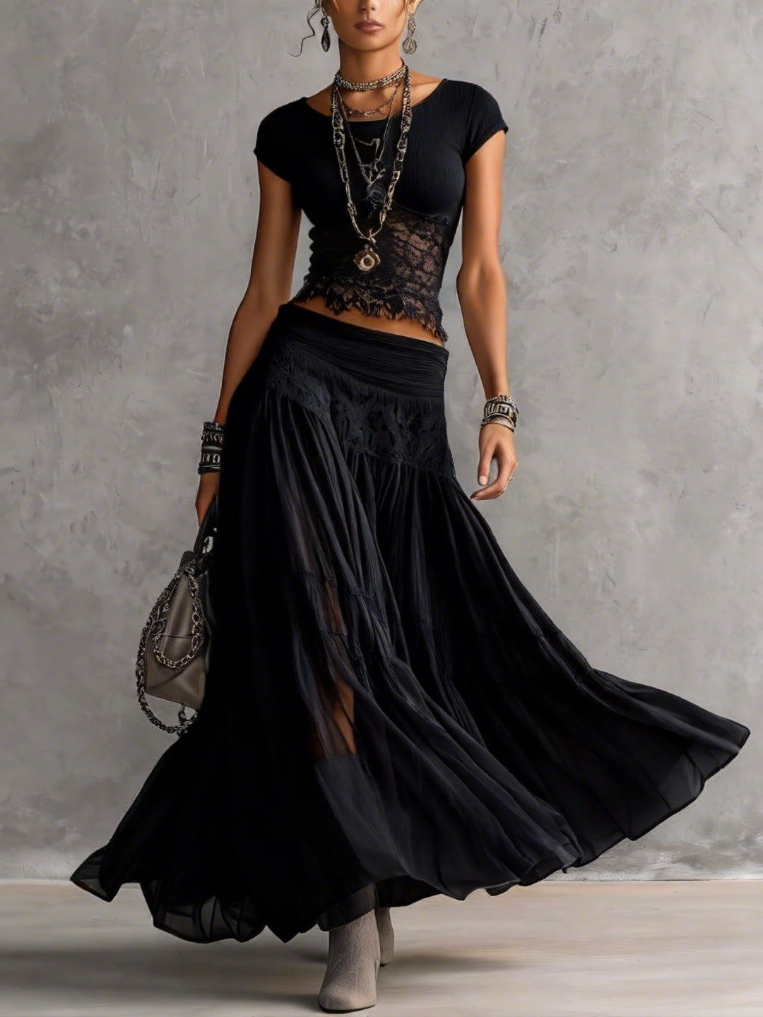 Patricia · Conjunto Top de Encaje y Falda Maxi Plisada