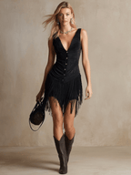 Vestido Mini Ante Sintético Negro con Flecos Western