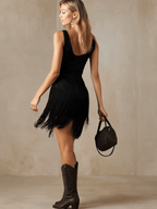 Vestido Mini Ante Sintético Negro con Flecos Western