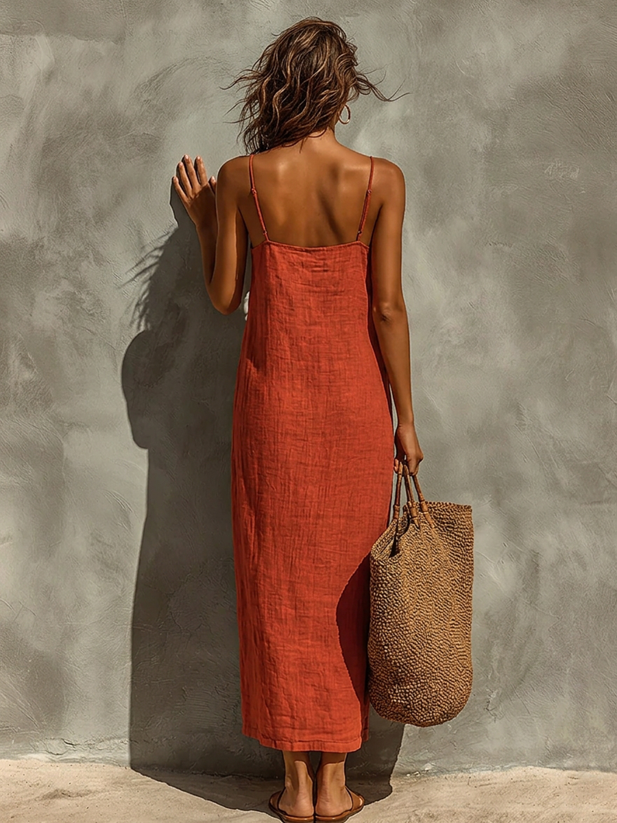 Vestido Rojo de Algodón con Tirantes Finos y Escote Cuadrado - Boho Resort