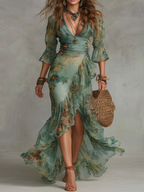 Vestido Maxi Chiffon Verde Hierba con Volantes y Abertura