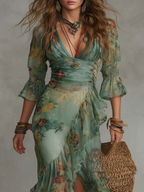 Vestido Maxi Chiffon Verde Hierba con Volantes y Abertura