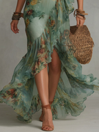 Vestido Maxi Chiffon Verde Hierba con Volantes y Abertura