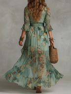 Vestido Maxi Chiffon Verde Hierba con Volantes y Abertura