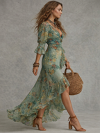 Vestido Maxi Chiffon Verde Hierba con Volantes y Abertura