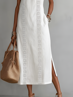 Vestido Jimena Midi Bordado Cuello Mao