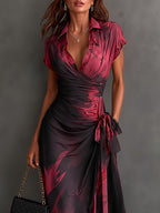 Red and Black Abstract Print Wrap Midi Dress, V-Neck Collared, Short Sleeve, Tie Waist, Asymmetrical Hem with Ruffles