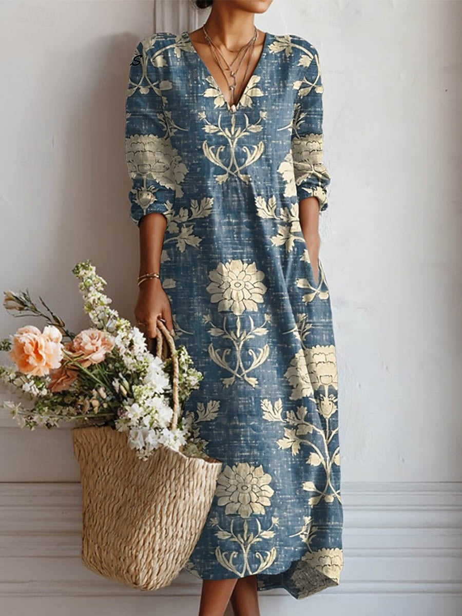 Élisabeth | Vestido Largo Floral Azul y Crema