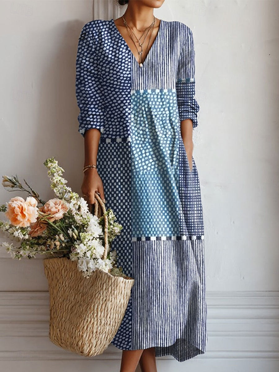 Clémence | Vestido Largo Mosaico Azul y Blanco