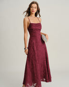 Vestido Maxi Jacquard Burdeos con Espalda Cruzada