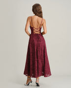 Vestido Maxi Jacquard Burdeos con Espalda Cruzada
