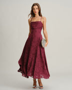 Vestido Maxi Jacquard Burdeos con Espalda Cruzada
